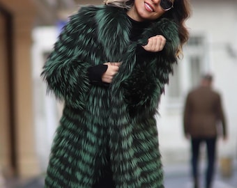 Handmade Argentina Fox Fur Midi Coat – Deep Green Winter Jacket
