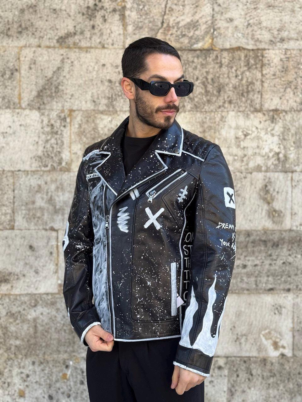Hand Painted Black Leather Biker Jacket, Graffiti Style, Custom