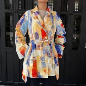 Leather Trench Coat for Women – Long Vintage Style  Genuine Lambskin Winter Overcoat- Abstract Colorful Oversized Jacket