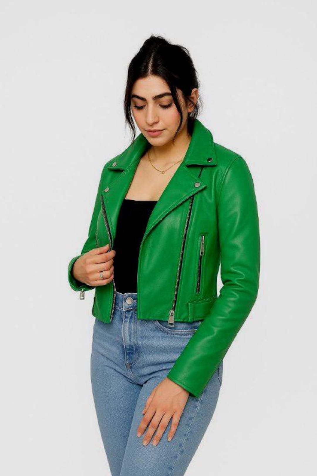 Green Lambskin Leather Biker Jacket Women's Moto Coat