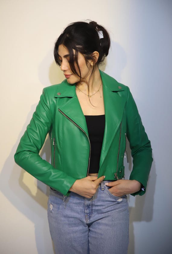 Womens Green Lambskin Leather Biker Jacket, Moto Style, Vintage