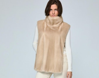 Luxe nertsbontvest, mouwloos gilet met hoge kraag, handgemaakt in Istanbul