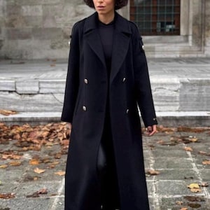 Black Wool Cashmere Coat for Women – Elegant Winter Trench Overcoat – Handmade in Turkey