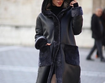 Women's Sheepskin Leather Coat with Hood - Luxury Reversible Handmade Long Fur Lined Jacket - Winter Outerwear Custom Turkish Design