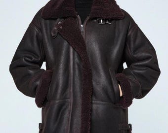 Chaqueta de aviador de piel de oveja auténtica hecha a mano, abrigo bomber de invierno para mujer.