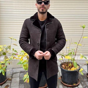 Men’s Shearling Leather Coat | Handmade Genuine Leather Winter Jacket | Vintage Aviator Long Fur Lined Overcoat