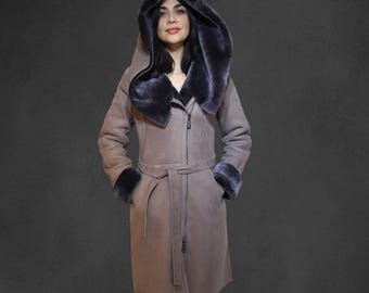 Women’s Shearling Coat & Hat – Real Sheepskin Leather – Handmade Turkish Fur – Warm Lambskin Winter Jacket