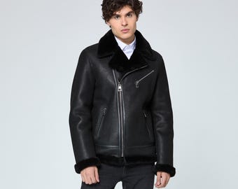 Men's Black Shearling Sheepskin B3 Bomber Aviator Jacket – Genuine Leather Flight Coat