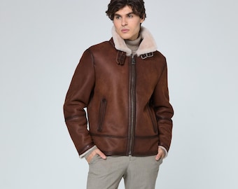 Men's Shearling Aviator Jacket, Turkish Sheepskin Bomber, Brown Leather Fur Coat
