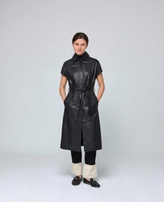 short sleeve leather dress Black Lambskin Shirt Dress, Belted Mini Duster, Coat short black leather dress