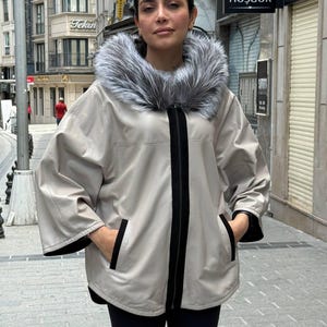 Reversible Sheepskin Leather Jacket with Fox Fur Hood – Oversized Handmade Winter Coat for Women