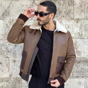 Blouson aviateur marron pour homme en peau de mouton - Blouson aviateur en cuir véritable pour homme - Col en fourrure et doublure en peau de mouton retournée - Manteau d'hiver chaud