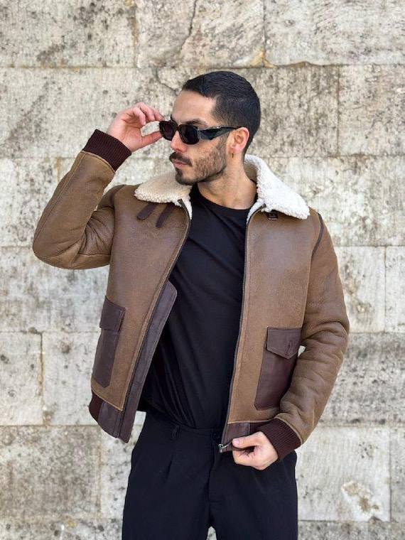 Lammfell Braune Pilotenjacke Herren Hollert Bomberjacke Herren