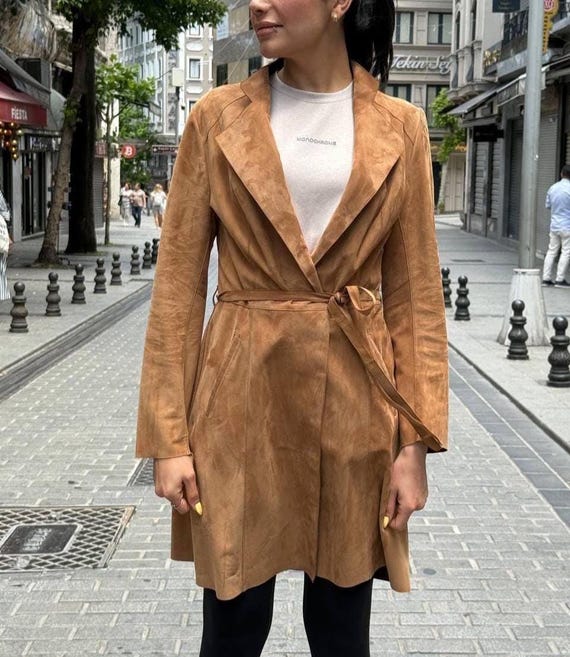 Damen Brauner Wildleder Trenchcoat Leichter Lammfellmantel