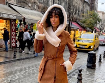 Womens Shearling Long Coat – Brown Lambskin coat, Luxury Turkish Winterwear & Hooded Fur Parka