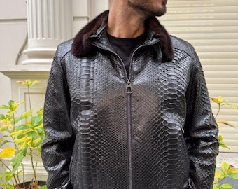 Herren Python Skin Jacke mit echtem Nerz Pelzkragen-Einzigartige handgefertigte Oberbekleidung