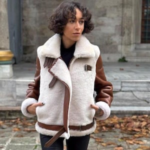 Women’s Sheepskin Bomber  Jacket  – Genuine Lambskin Shearling Aviator Coat- Warm Winter Leather Outerwear Handmade in Turkey
