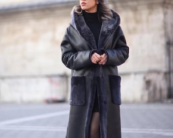 Women's Reversible Sheepskin Leather Coat with Hood, Turkish Shearling Jacket