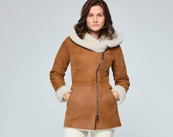 Shearling Jacket Women with Oversized Hood - Long Sheepskin Winter Coat - Luxury Custom Turkish Leather Parka - Belted Brown Camel Wool Fur