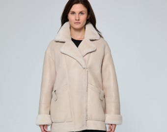 Women's Sheepskin Shearling Jacket , Real Aviator  Leather Jacket , Fur Collar Winter , Oversized Coat