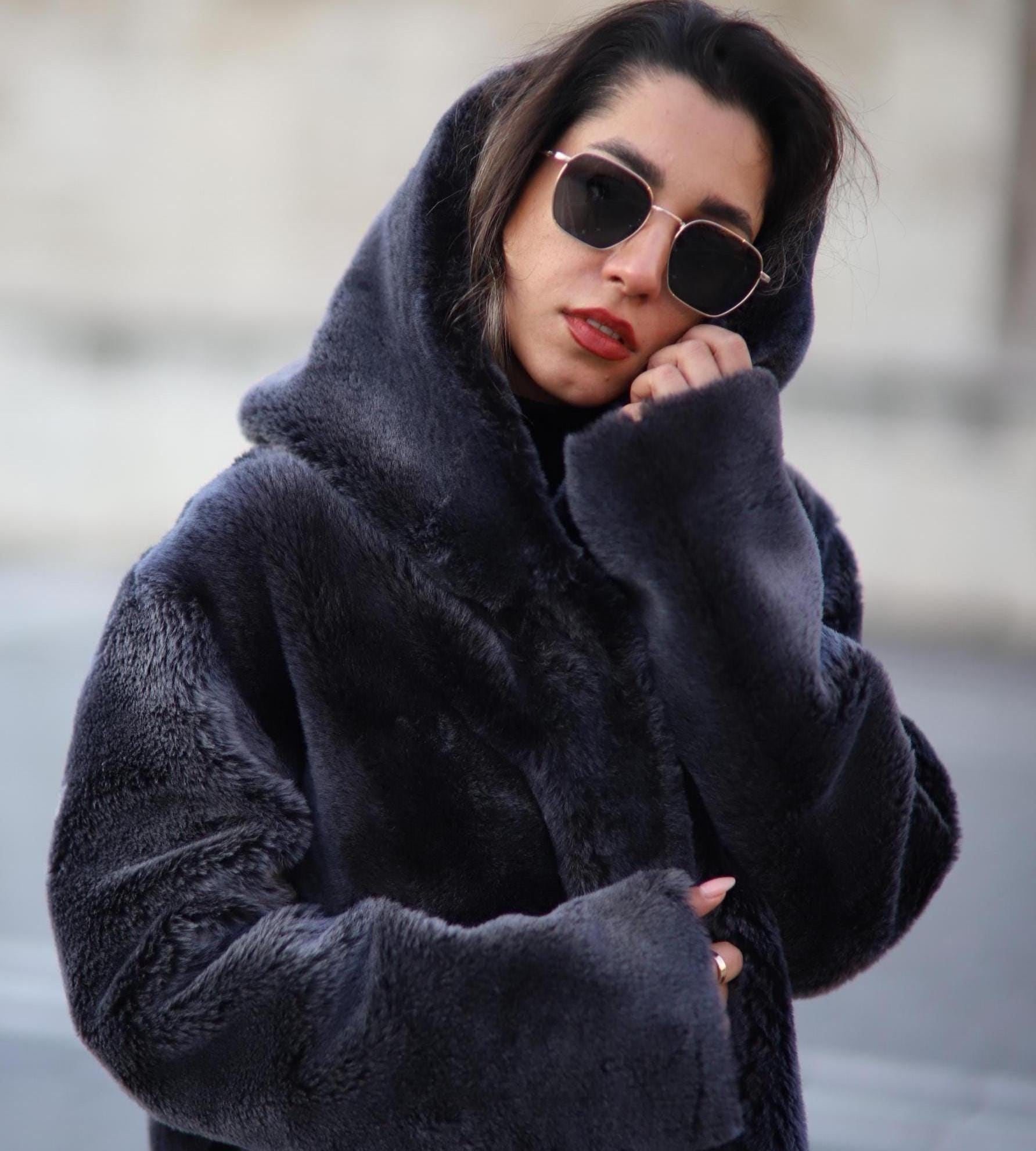 Women's Sheepskin Leather Coat With Hood - Luxury Reversible