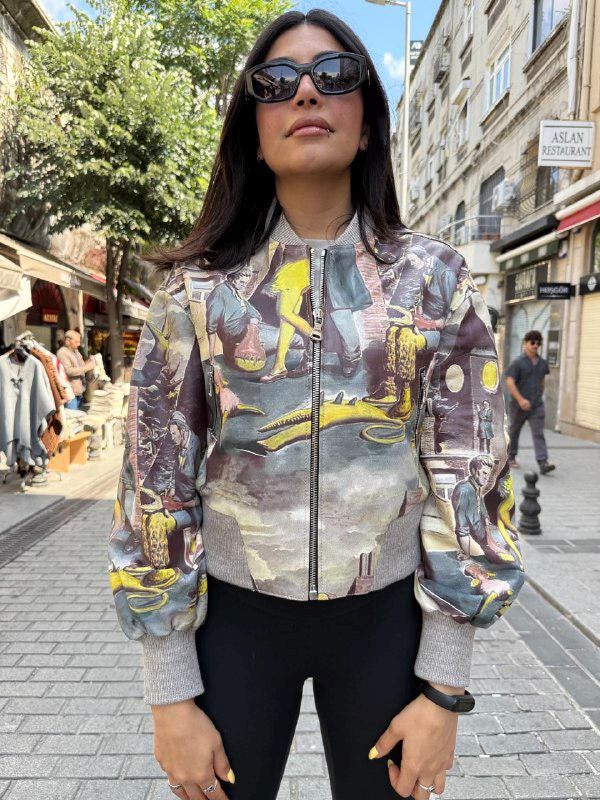 Oversized Lambskin Leather Bomber Jacket: Graphic Print, Handmade Turkish Outerwear
