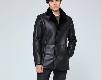 Black Sheepskin Long Coat for Men – Shearling Fur-Lined Winter Overcoat – Genuine Sheepskin Leather Jacket