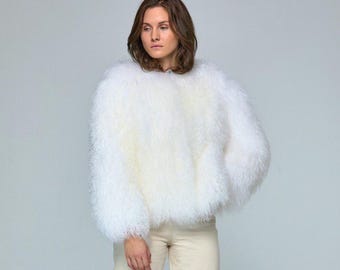 White Mongolian Lamb Fur Jacket - Curly Sheepskin Winter Coat