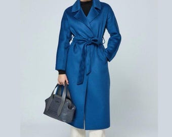 Handmade Blue Cashmere Wool Coat for Women - Elegant Longline Winter Overcoat - Luxury Belted Wrap Jacket, Premium Turkish Trench Coat