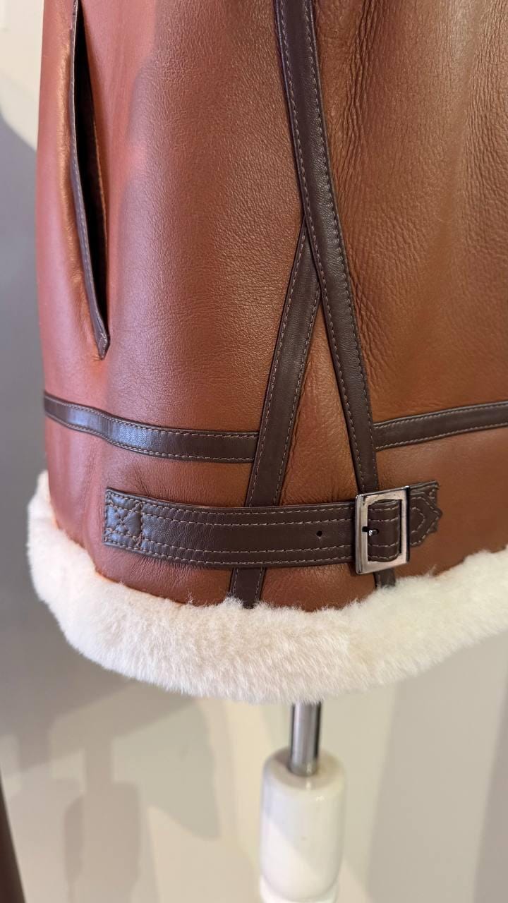 Jacker Turkish Shearling Sheepskin Bomber Jacket, Turkish Brown Leather Aviator Coat ...