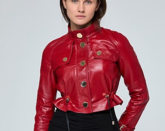 Cropped  Leather Jacket  , Women’s Red Short  Jacket with Gold Buttons