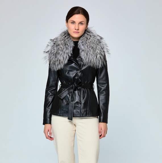 Womens Leather Coat Fox Fur Collar - Black Genuine Peacoat Jacket - Luxury Winter Trench Slim Fit Outwear - Turkish Lambskin Gift