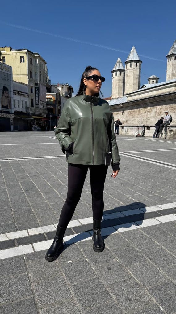 Jaqueta de couro de carneiro verde plus size: casaco de inverno