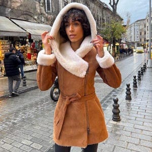 Women’s Sheepskin Coat with Hood–Turkish Shearling Overcoat–Genuine Lambskin Leather Winter Jacket–Luxury Fur Lined Long Coat –Free Shipping