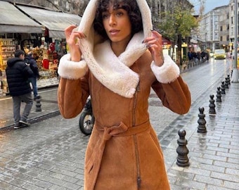 Women’s Sheepskin Coat with Hood–Turkish Shearling Overcoat–Genuine Lambskin Leather Winter Jacket–Luxury Fur Lined Long Coat –Free Shipping
