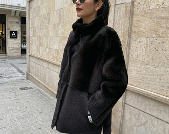 Women's Black Shearling Leather Coat - Reversible Luxury Turkish Sheepskin Jacket - Handmade Oversized Winter Outerwear Silk-Stitched Silk