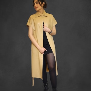 Women’s Stylish Leather Trench Coat – Classic Long Leather Jacket – Midi Leather Dress Style – Elegant Outerwear – lebas charmi