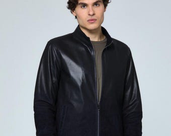 Men's Navy Blue Leather Bomber Jacket - Handmade Genuine Leather & Suede Fusion - Midnight Blue Slim Fit Coat - Luxury Corporate Gift