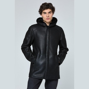 Men's Black Shearling Sheepskin  Hooded Leather Coat, Winter Aviator Bomber Jacket
