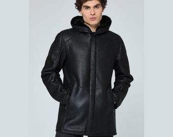 Men's Black Shearling Sheepskin  Hooded Leather Coat, Winter Aviator Bomber Jacket