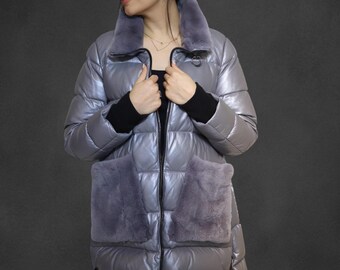 Women'sSheepskin Puffy Coat – Half-Length Lambskin Jacket – Warm Shearling Winter Outerwear – Handmade in Turkey