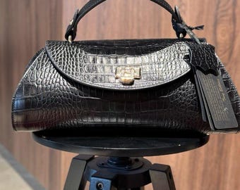 Black Crocodile Embossed Leather Handbag, Handmade Cowhide Top Handle Purse, Turkish Bag