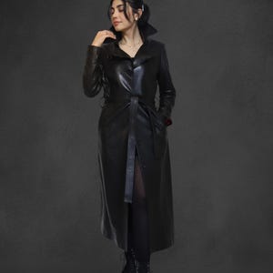 Women’s Long Black Sheepskin Trench Coat – Real Leather Overcoat with Belt & Buttons, Handmade Winter Gift
