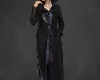 Handmade Black Sheepskin Leather Trench Coat: Turkish Overcoat