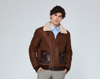 Men's Brown Shearling Aviator Leather Jacket – Genuine Lambskin B3 Bomber Fur Coat
