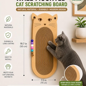 May include: A tan, cat-shaped wall-mounted scratching board with a central sisal rope coil, a dangling toy with colorful beads, and dimensions of 19.7 inches by 7.5 inches. The board features a cat face design and reinforced edges.