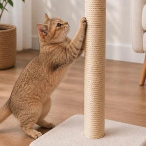以下が含まれることがあります： 厚いライトベージュのサイザル麻ロープで巻かれた背の高い円筒形の垂直支柱と、安定性のためにオフホワイトの柔らかいプラッシュ生地で覆われた正方形の平らなベースで構成される猫用爪とぎポール。