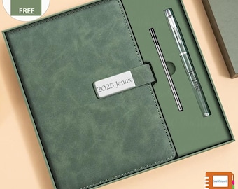 May include: A green leather-bound journal with a silver pen and a personalized nameplate that reads "2025 Jennie".