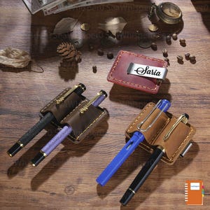 Vintage Leather Pen Pencil Holder for Notebook Journal, Engraving Name Traveler&#39;s Notebook Clip with Pen Holder, Notebook Pen Pencil Holder
