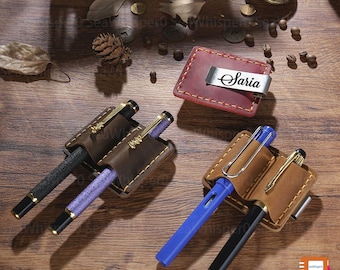 Vintage Leather Pen Pencil Holder for Notebook Journal, Engraving Name Traveler's Notebook Clip with Pen Holder, Notebook Pen Pencil Holder